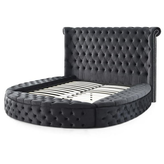 Pemberly Row Upholstered Velvet Round Storage King Size Bed in Black Color
