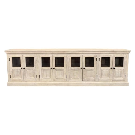 Pemberly Row 118" 8-Door Mango Wood Sideboard with Glass in Distressed White