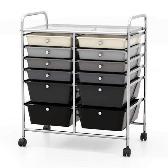 Pemberly Row 12 Drawers Rolling Cart Mutlicolor Studio Organizer Bins in Gray