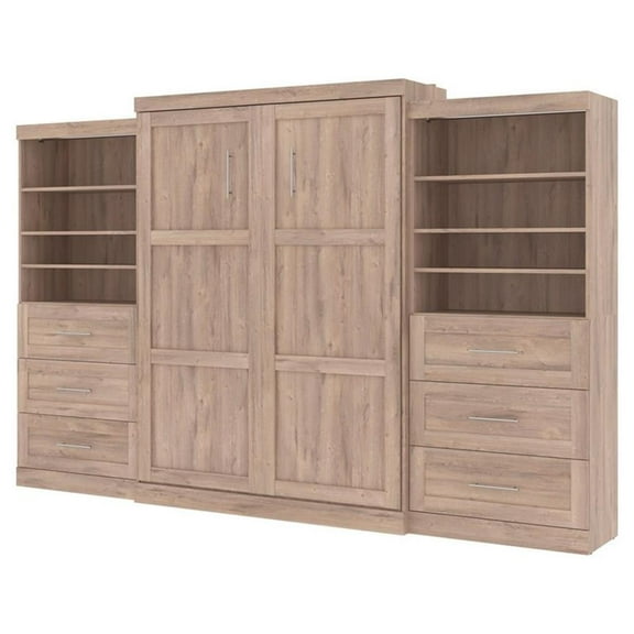 Pemberly Row 136" Queen Murphy Bed with 2 Shelving Units in Brown