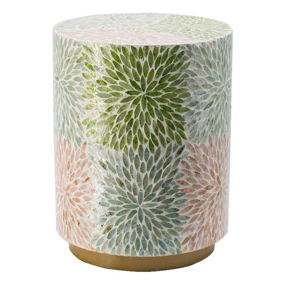 Pemberly Row 14" Cylindrical Capiz Shell Accent Table Stool Elegant Leaves