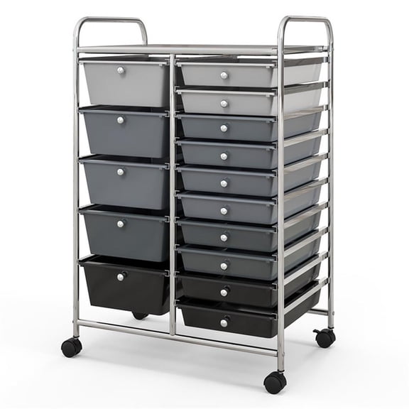 Pemberly Row 15 Drawer Rolling Storage Cart Mobile Cart Organizer Gray