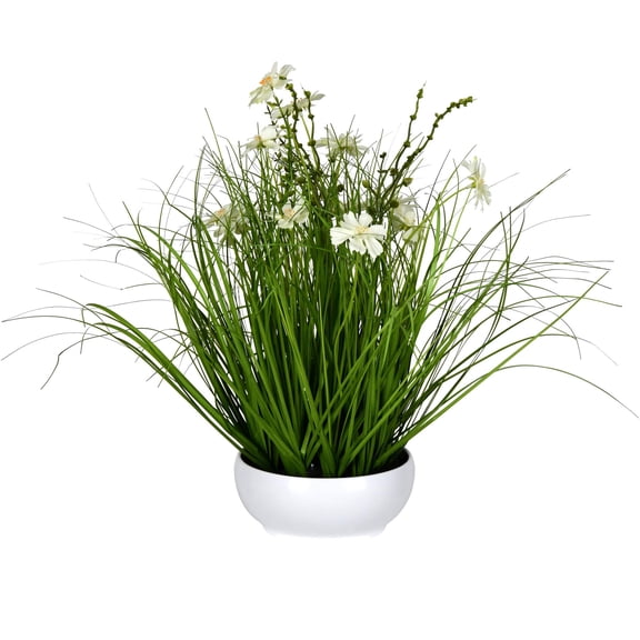 Pemberly Row 16.5" Fabric Artificial Potted Cosmos with Green Grass in Cream