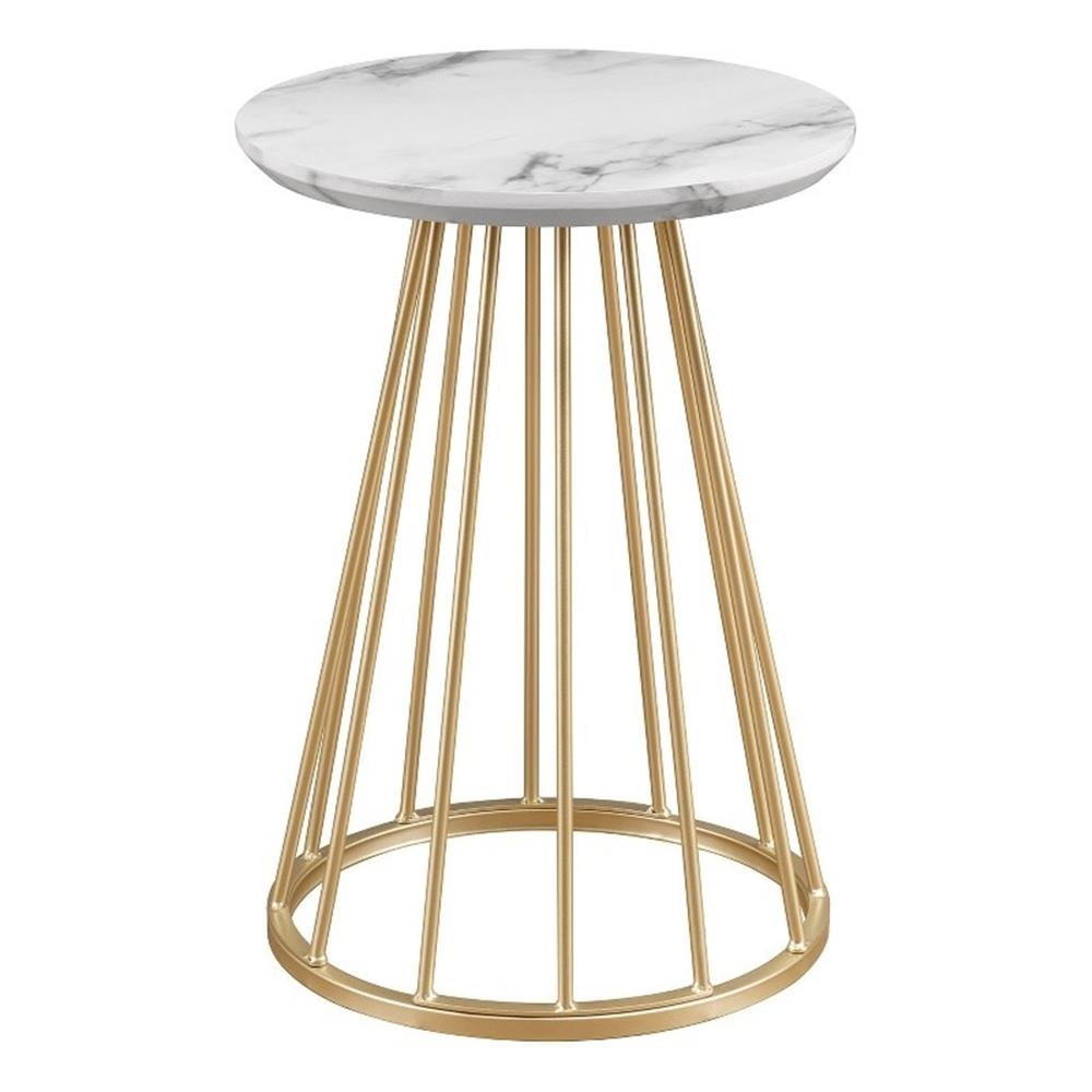 16" Faux White Marble and Gold Round Side Table with Metal Base