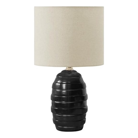 Pemberly Row 17" Black Ceramic Beehive Table Lamp with Beige Linen Shade