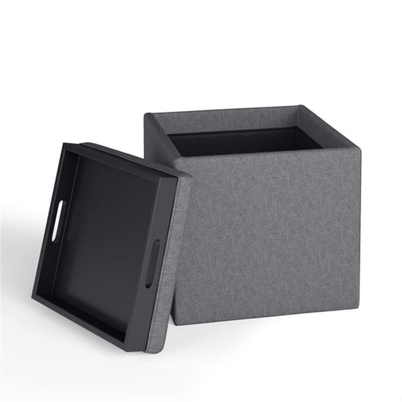Pemberly Row 17" Square Storage Ottoman with Tray in Slate Gray Linen Look
