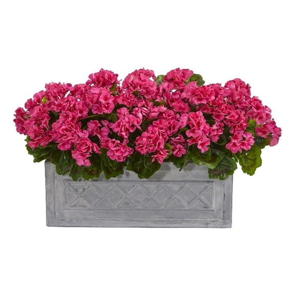 Pemberly Row 18" Geranium Artificial Plant with Stone Planter in Pink/Gray