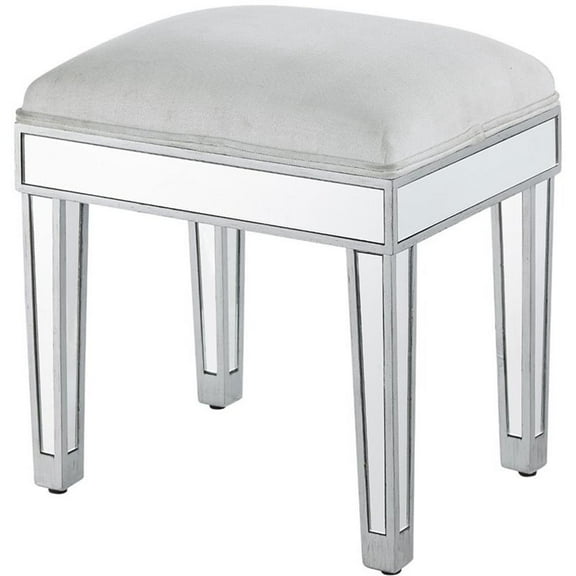 Pemberly Row 18" Mirrored Fabric Vanity Stool in Beige and Silver