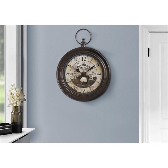 Pemberly Row 18" Round Aviator Wall Clock with Moving Gears in Antique Brown