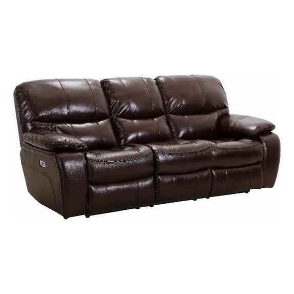 Pemberly Row 19.5" Traditional Faux Leather Power Double Reclining Sofa in Brown