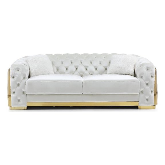 Pemberly Row 19"H Button-Tufted Velvet Sofa with Cushion in Ivory/Gold