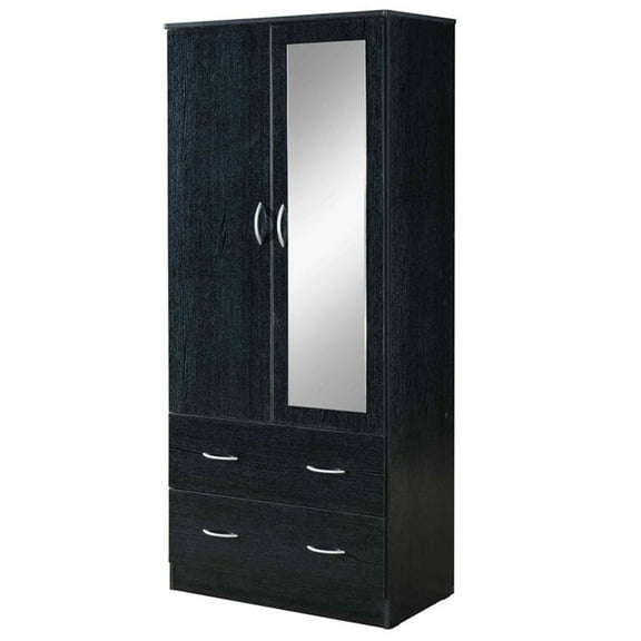 Pemberly Row 2 Door Armoire w/ 2 Drawers & Clothing Rod plus Mirror - Black Wood