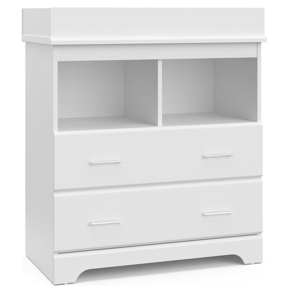 White 2-Drawer Dresser with Changing Topper and Shelves