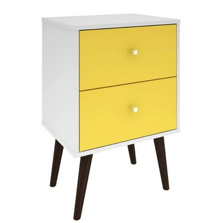 Pemberly Row 2-Drawer Mid-Century Solid Wood End Table in White/Yellow