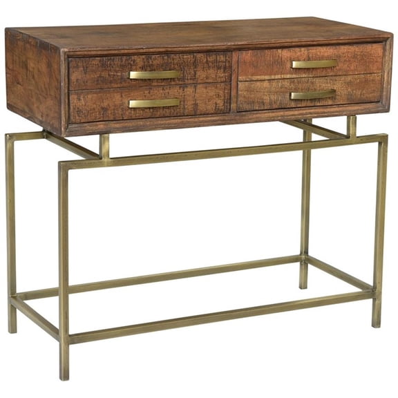 Pemberly Row 2-Drawer Solid Wood Console Table in Natural on Brass Iron Base