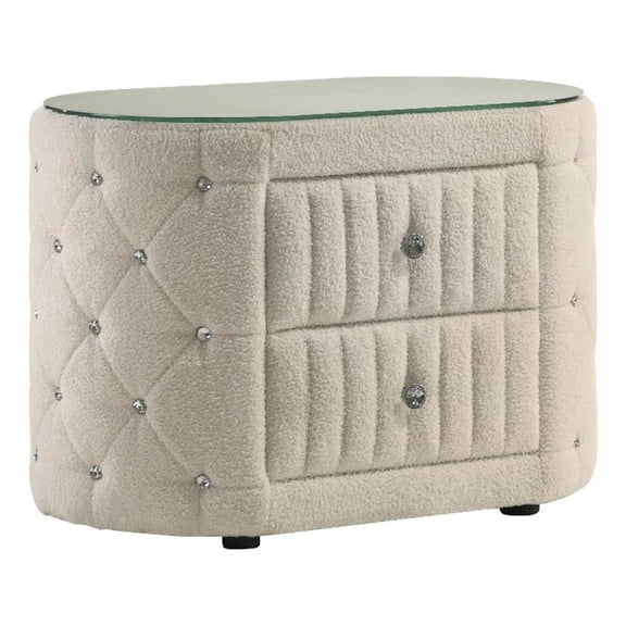Pemberly Row 2-Drawer Tufted Upholstered Modern Fabric Nightstand in Ivory