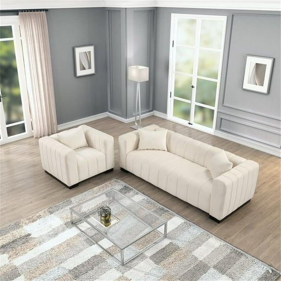 Pemberly Row 2-PC Living Room Furniture Velvet Fabric Sofa+Armchair Set-Beige