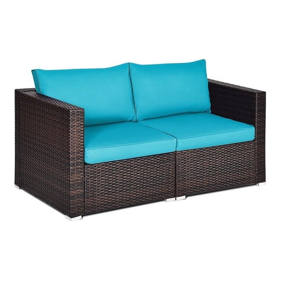 Pemberly Row 2-piece Rattan Patio Corner Sofa Set with Blue Cushion in Brown