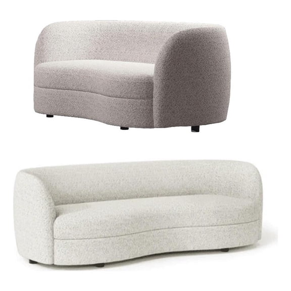 Pemberly Row 2 Pc Sofa and Loveseat Set in White Boucle with Curved Kidney Shape