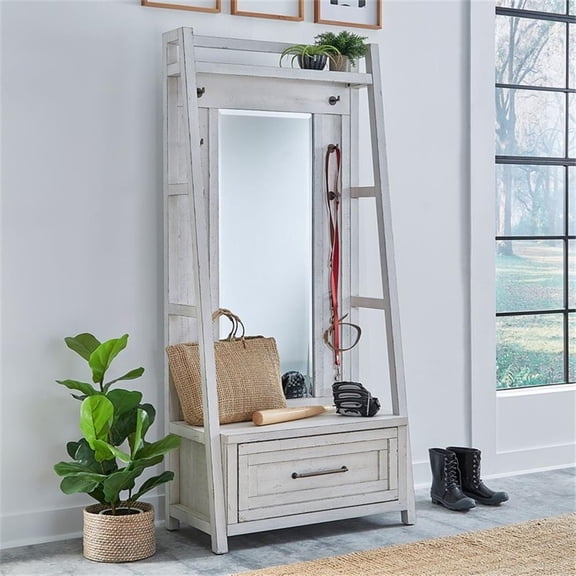 Pemberly Row 2 Piece Mirror Hall Tree Storage Set with Drawer in White