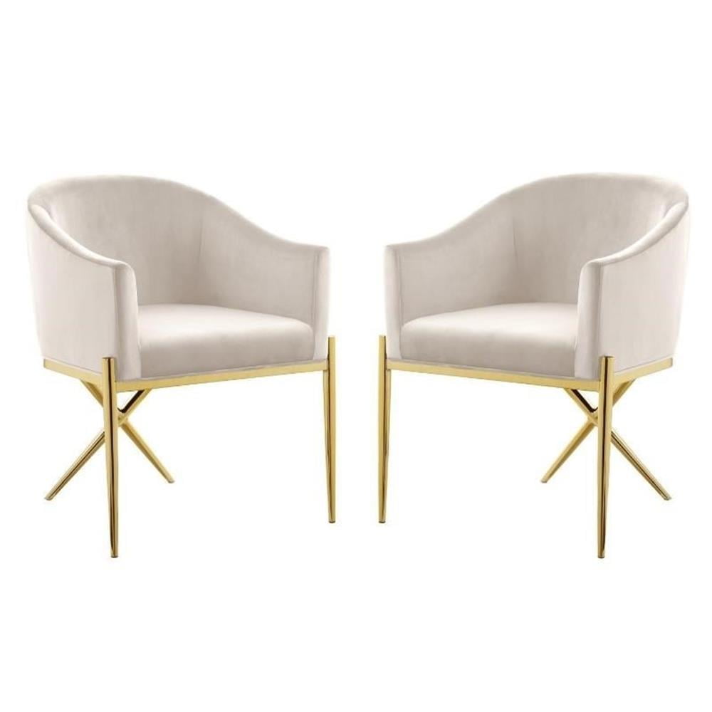 Cream Velvet Upholstered Arm Chair with Gold Metal Base