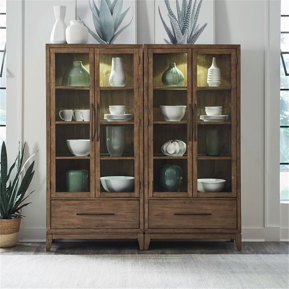 Pemberly Row 2 Piece Bunching Display Cabinet Set with LED Lighting in Brown