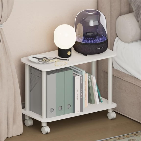 Pemberly Row 2-Tier Toolless Nightstand with Wheels Round Corner in White