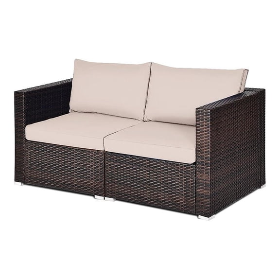 Pemberly Row 2-Pc Rattan Patio Corner Sofa Set w/ Beige Cushion in Brown Finish