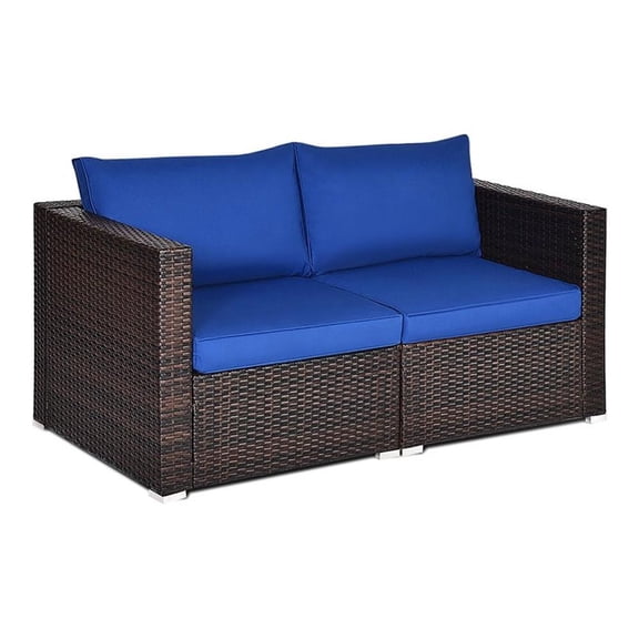 Pemberly Row 2-Pc Rattan Patio Corner Sofa Set with Navy Cushion in Brown Finish