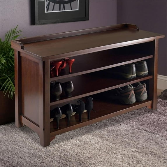 Pemberly Row 20.87" Solid Wood Storage Hall Shoe Rack w/Shelves in Walnut