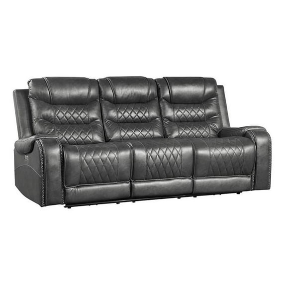 Pemberly Row 21" Traditional Microfiber Power Double Reclining Sofa in Gray