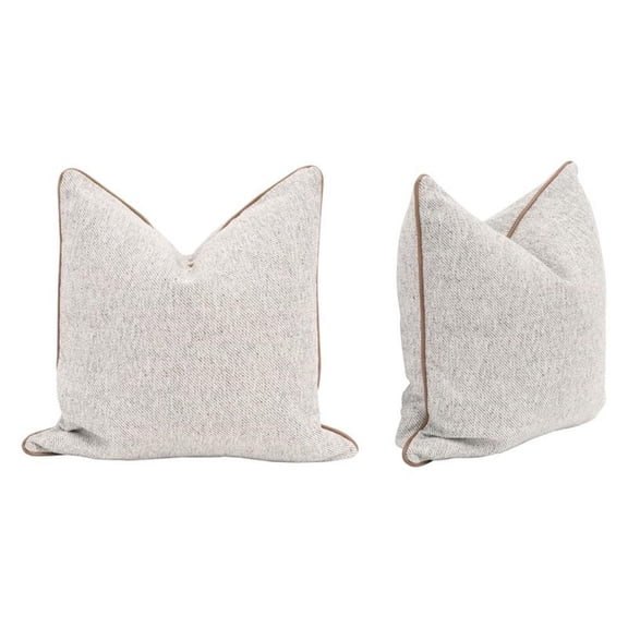 Pemberly Row 22" Down-Filled Gray Fabric Leather-Piped Pillow