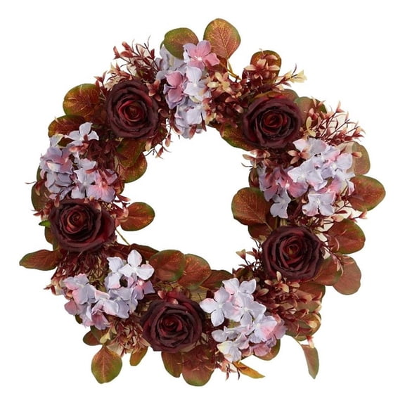 Pemberly Row 22" Fall Hydrangea and Rose Autumn Artificial Wreath in Purple
