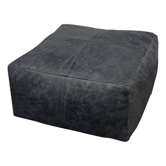 Pemberly Row 22" Genuine Leather Foam-Filled Black Pouf with Contrast Stitching