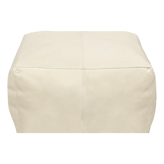 Pemberly Row 22" Genuine Leather Foam-Filled Ivory Pouf with Contrast Stitching