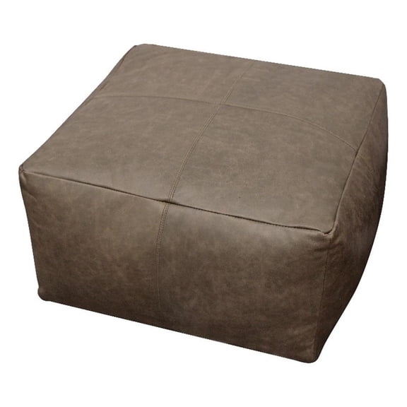 Pemberly Row 22" Genuine Leather Foam-Filled Pouf with Contrast Stitching - Gray