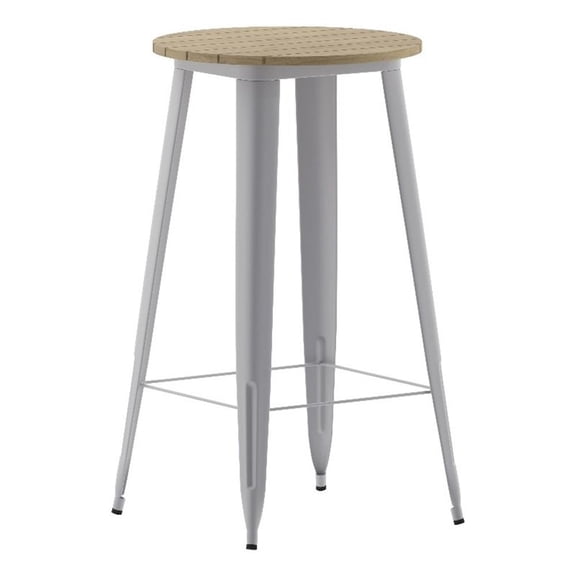 Pemberly Row 23.75" Poly Bar Top Restaurant Table with Frame in Brown/Silver