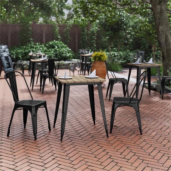 Pemberly Row 23.75" Poly Resin Restaurant Table with Steel Frame in Brown/Black