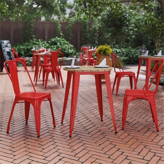 Pemberly Row 23.75" Poly Resin Restaurant Table with Steel Frame in Brown/Red
