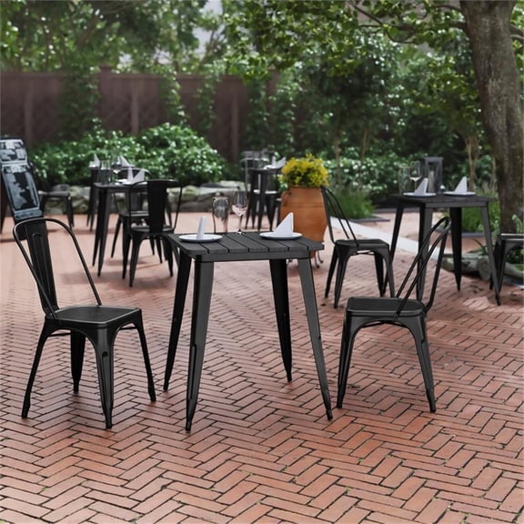 Pemberly Row 23.75" Square Poly Resin Restaurant Table with Steel Frame in Black
