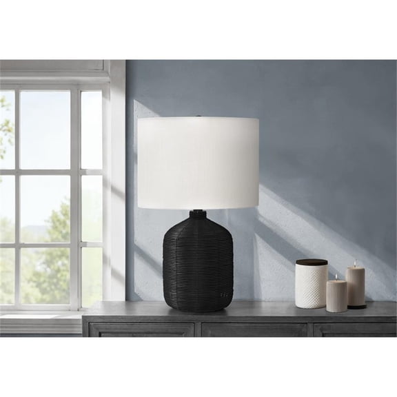 Pemberly Row 23" Black Rattan Ginger Jar Table Lamp with Ivory Drum Shade