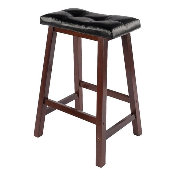 Pemberly Row 24.84" Solid Wood/Faux Leather Stool in Antique Walnut/Black