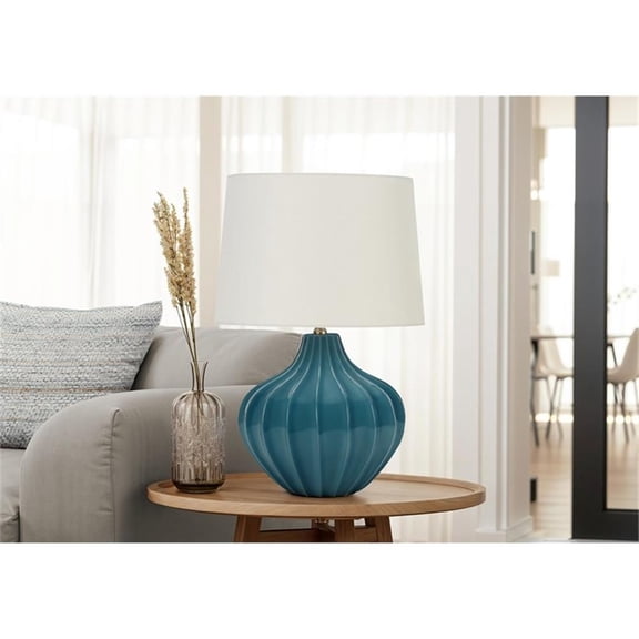 Pemberly Row 24" Blue Ceramic Curved Table Lamp with Ivory Linen Shade
