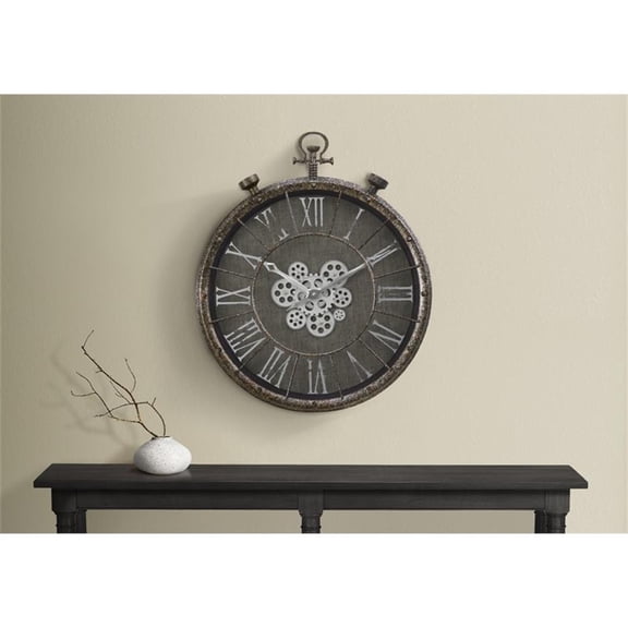 Pemberly Row 24" Round Moving Gear Wall Clock in Rustic Gray