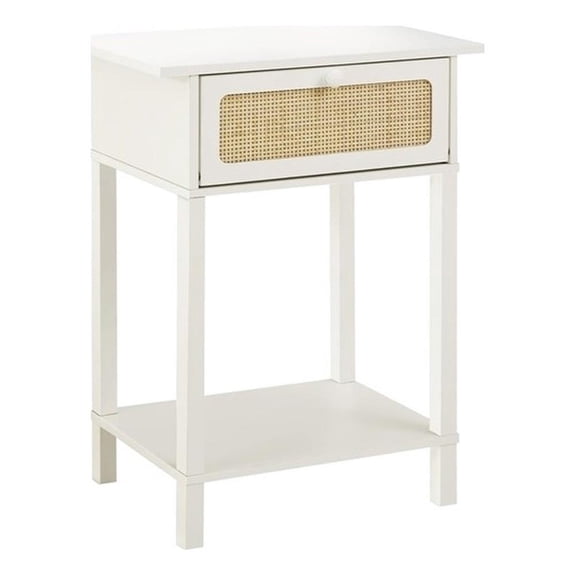 Pemberly Row 24" White Laminate 2-Tier Side Table with Rattan Cubby Door