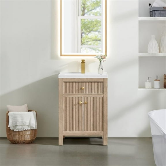 Pemberly Row 24" Wood Vanity in Natural Oak Ceramic Integrated Sink no Mirror