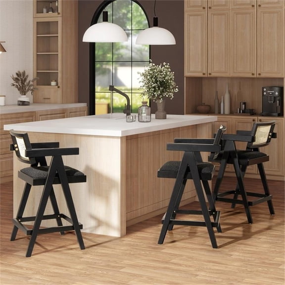 Pemberly Row 25.5" Resin Webbing Back Bar Stool Set of 3 in Ebony Black Boucle