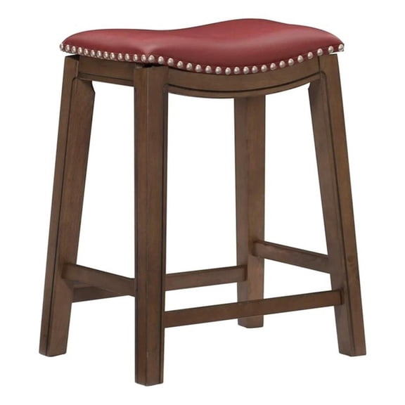 Pemberly Row 25.75" Transitional Faux Leather Saddle Counter Stool in Red