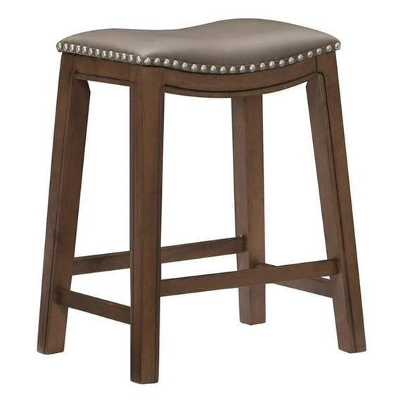 Pemberly Row 25.75" Transitional Wood/Faux Leather Saddle Counter Stool in Brown