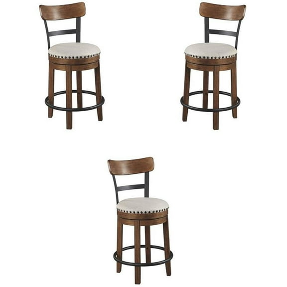 Pemberly Row 25" Swivel Upholstered Wood Counter Stool in Brown - Set of 3